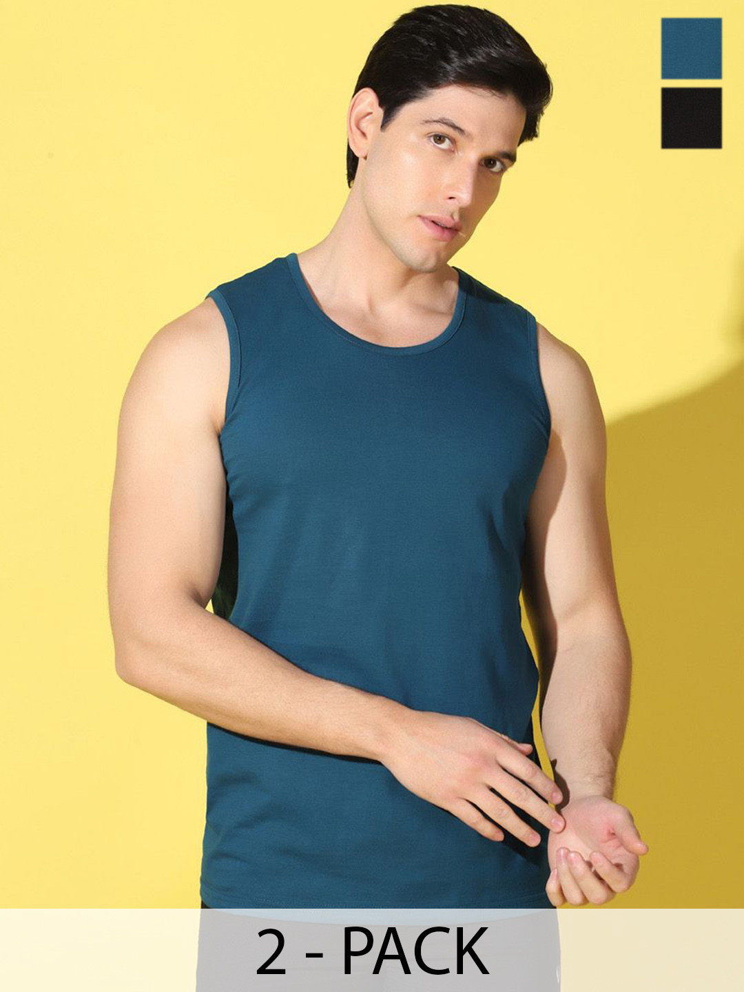 WOOSTRO Pack Of 2 Scoop Neck Super Combed Cotton Gym Vests VWS26(PLAIN PEACOCK)(PLAIN BLAC