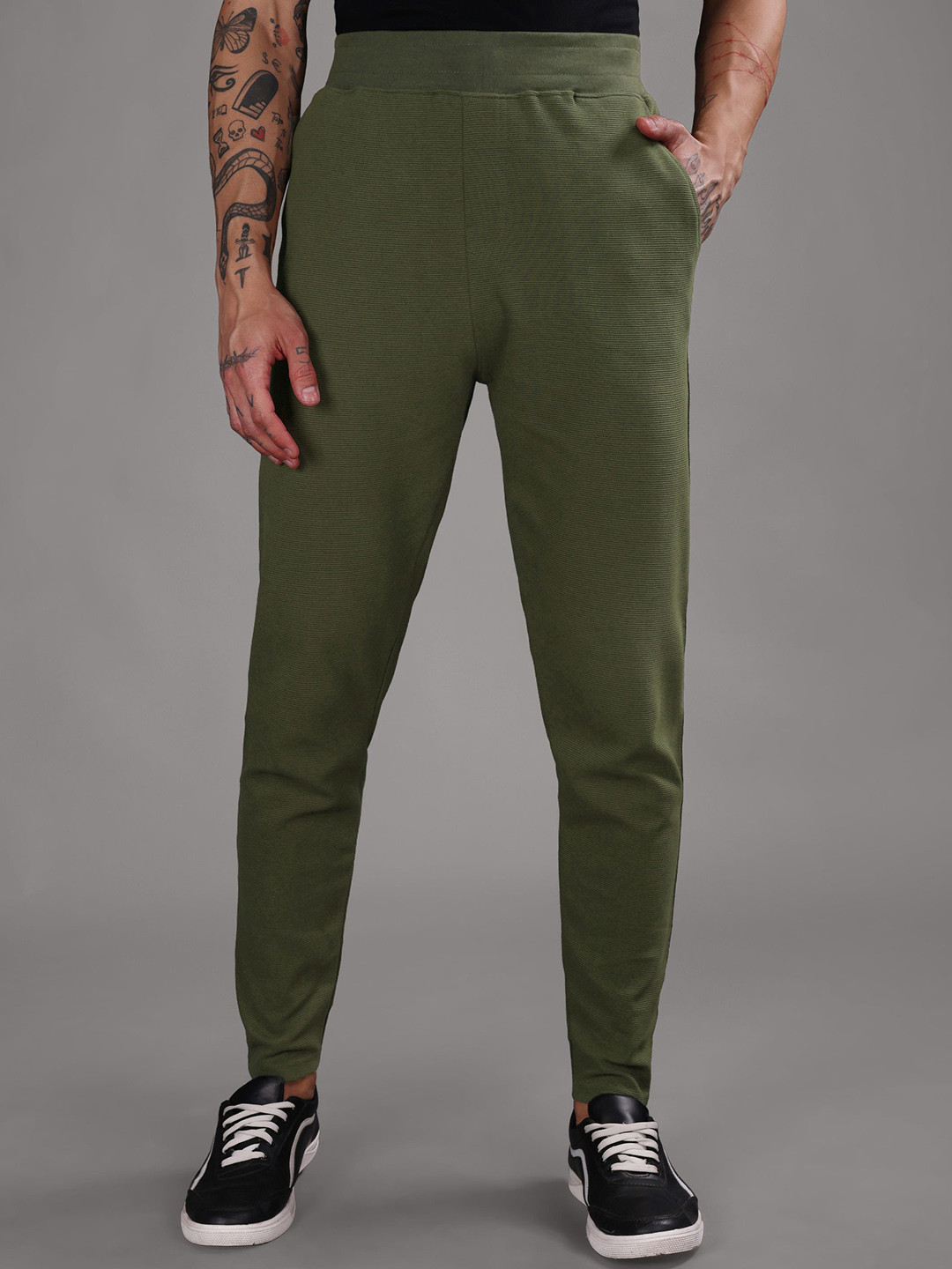 String Scape Men Ribbed Mid-Rise Cotton Track Pants