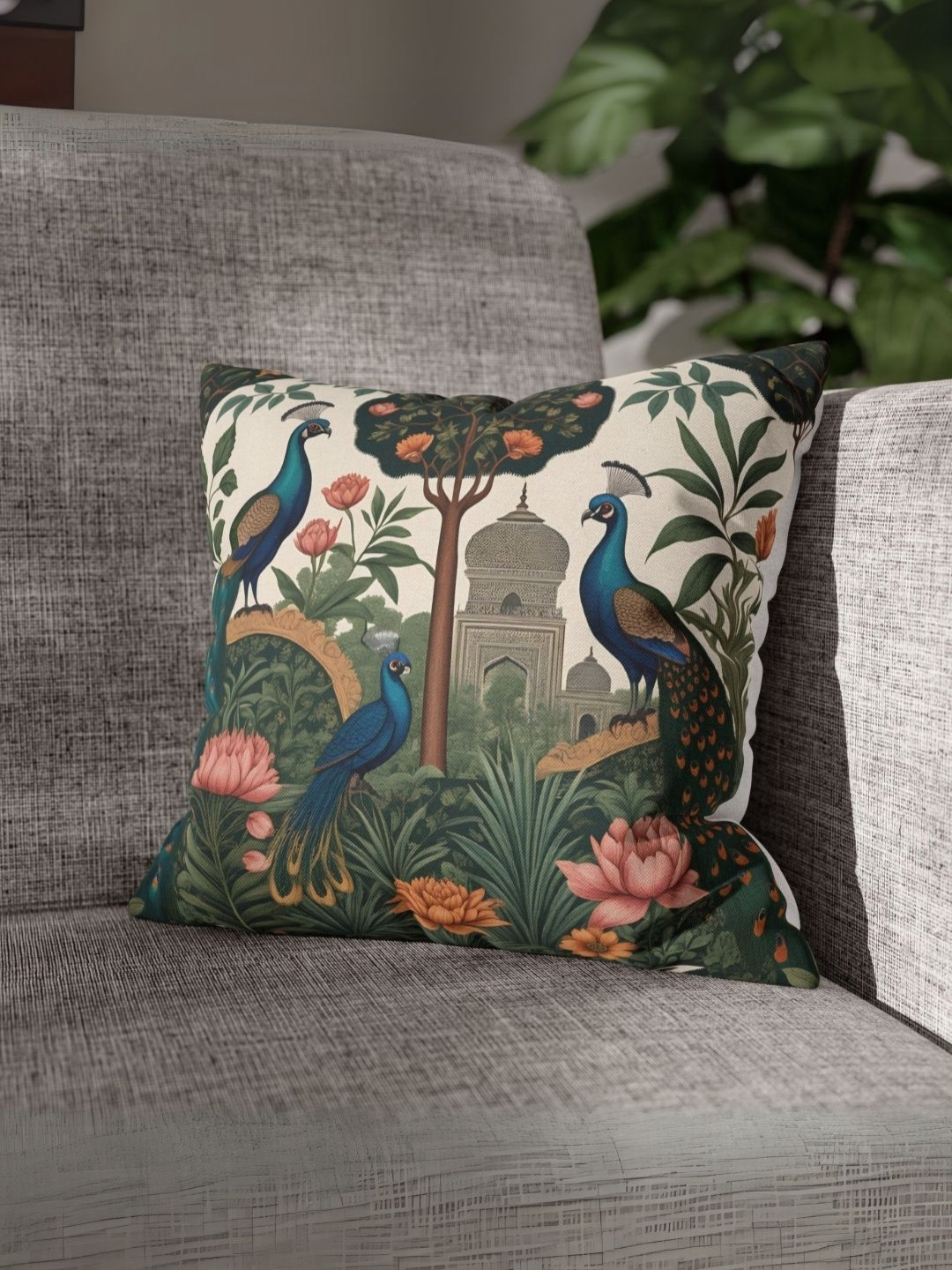 LUSHLYF White & Green Peacock Garden Printed Velvet Square Cushion Cover