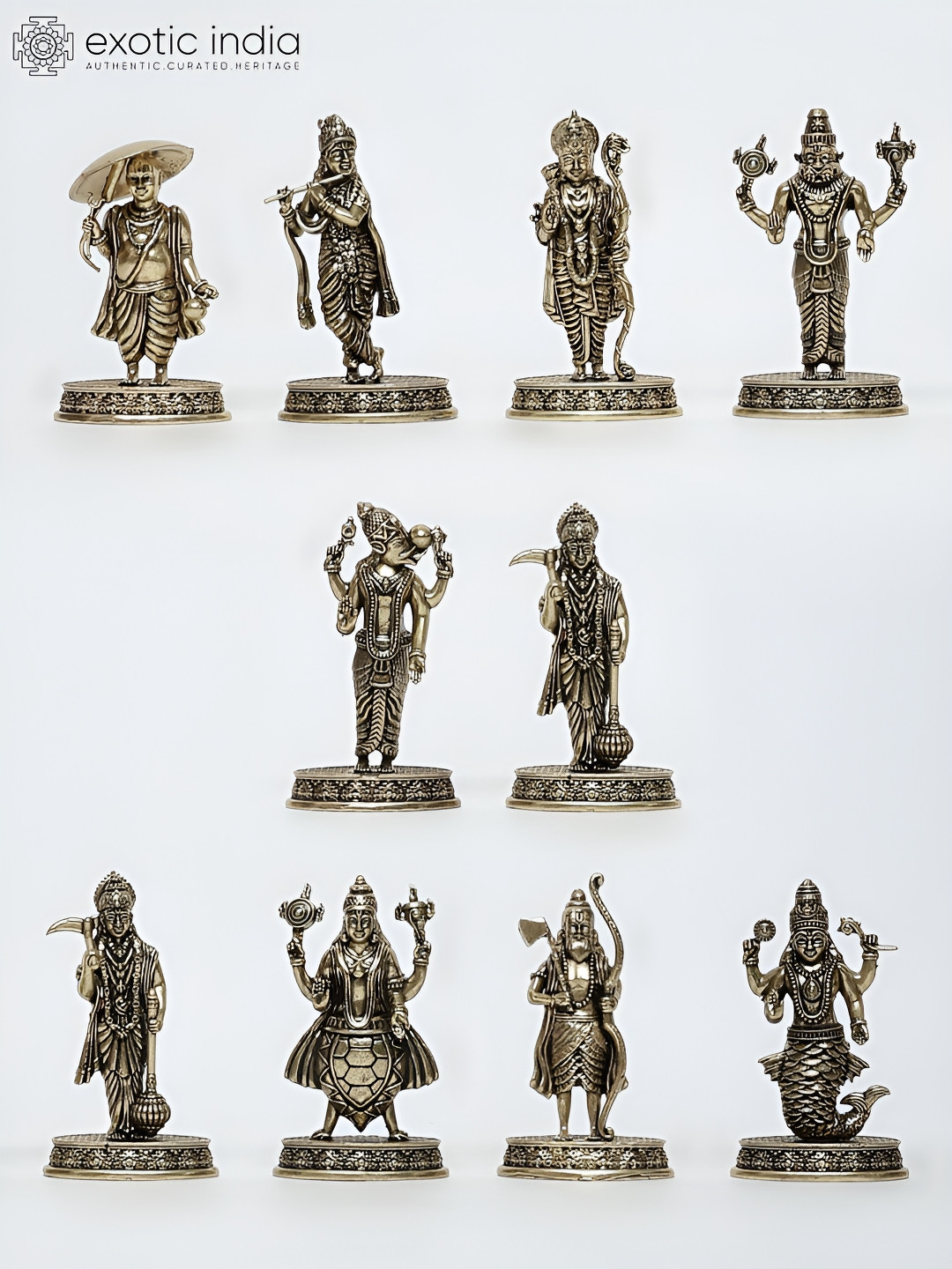 Exotic India Dashavatara Set Gold Brass Metallic Living Room Set of 10 Tiny Showpieces - 2.3 Inches