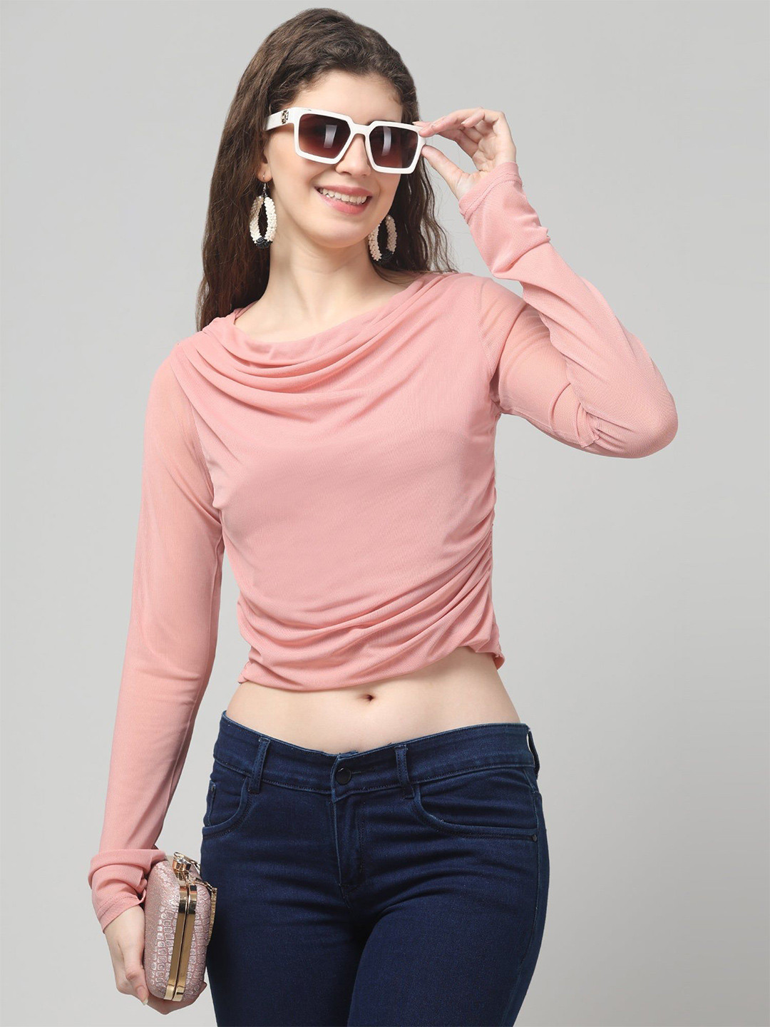 Pink Cowl Neck Crop Top with Long Sleeves