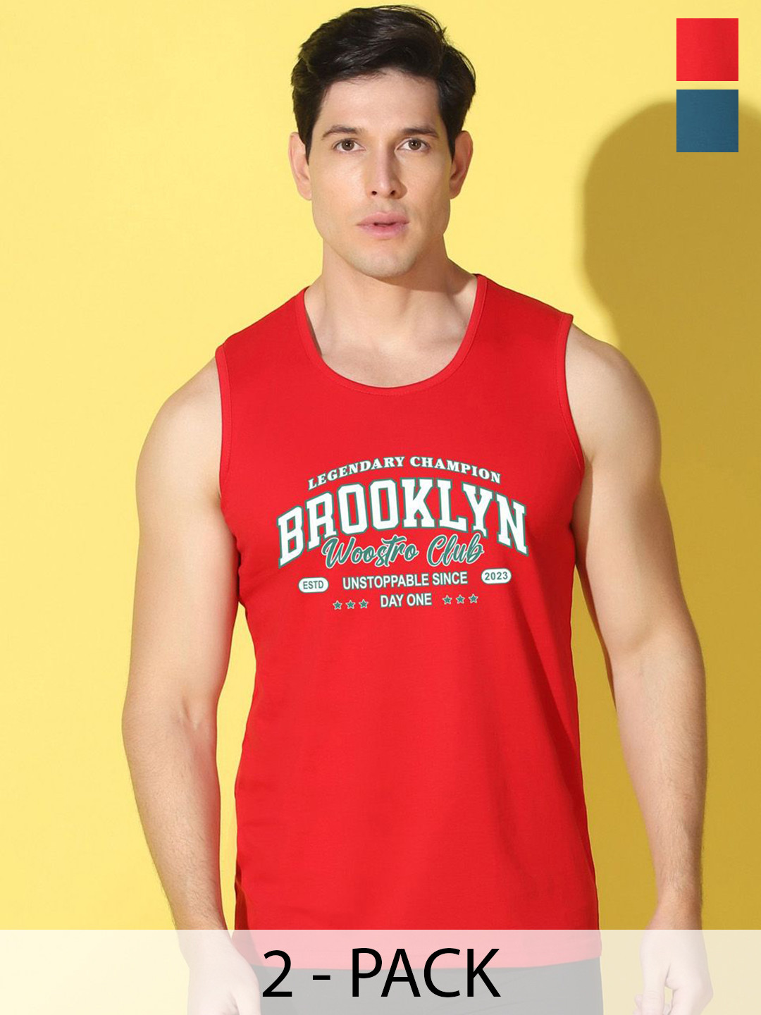 WOOSTRO Pack Of 2 Printed Combo Cotton Scoop Neck Gym Vests VWS26(BKLN RED)(PLAIN PEACOCK)