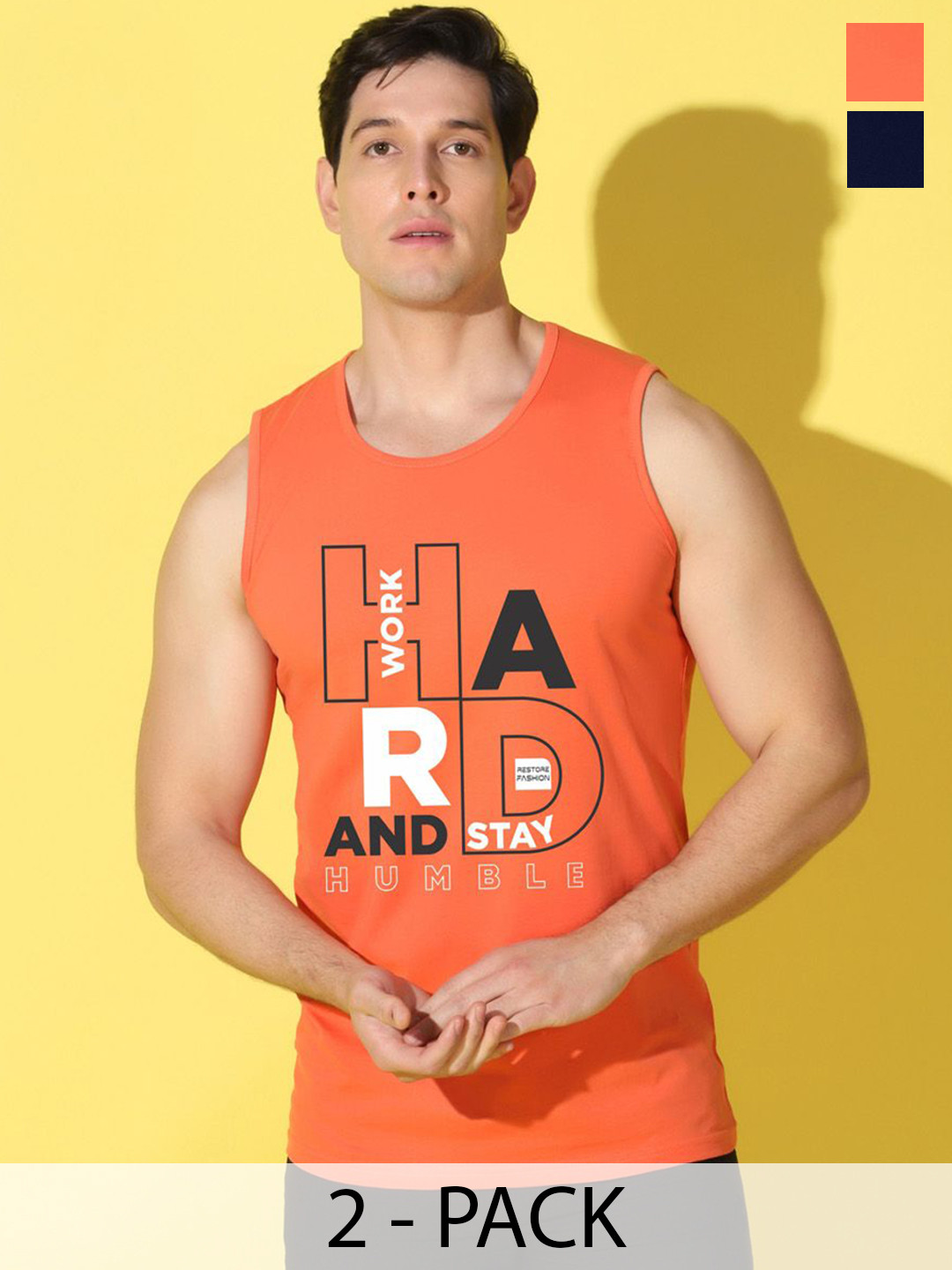 WOOSTRO 2-Pc Printed Combed Cotton Innerwear Vests VWS26(HARD ORANGE)(HARD NAVY)