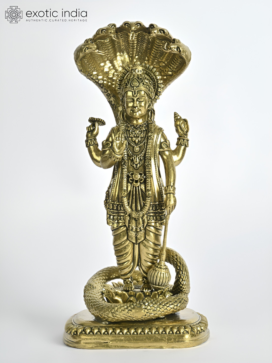 Exotic India Standing Lord Vishnu Under Sheshnag Gold Brass Metallic Prayer Room Tiny Showpiece - 2 Inches