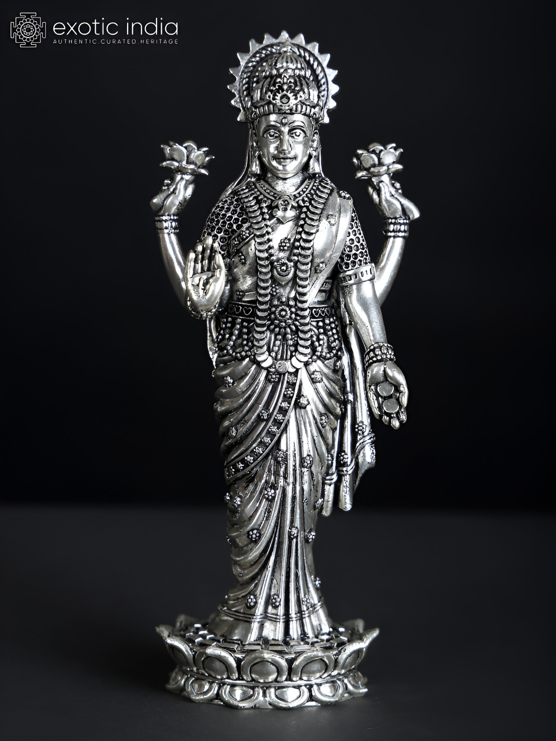 Exotic India Standing Goddess Lakshmi Silver Brass Metallic Prayer Room Small Showpiece - 6 Inches