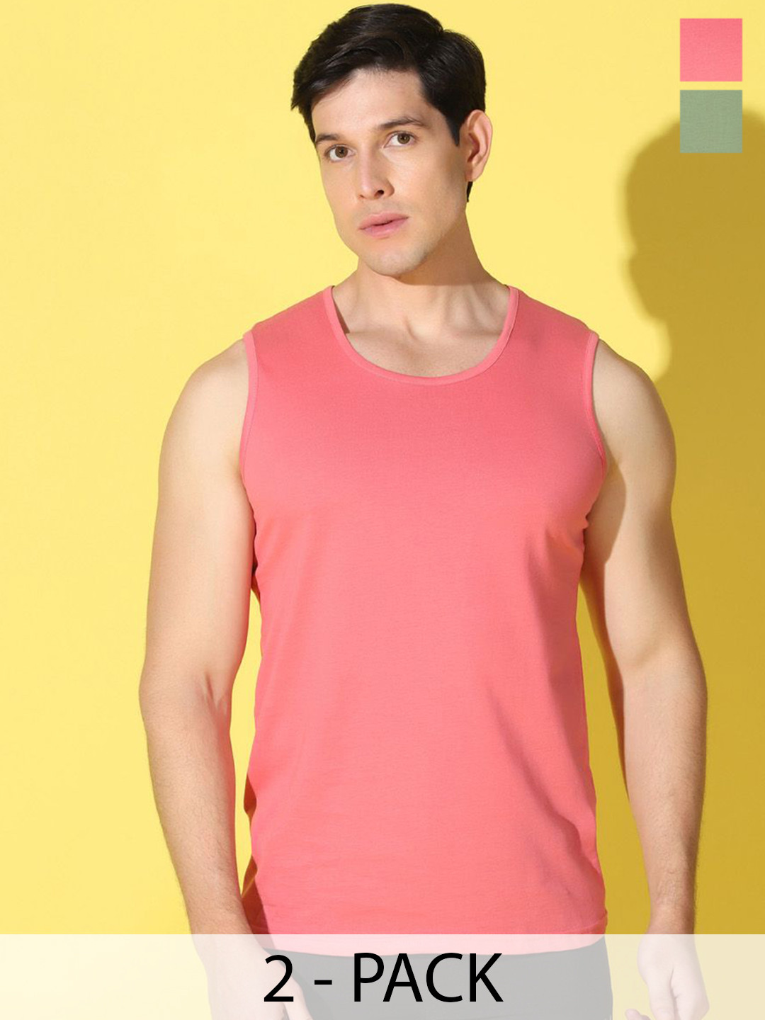 WOOSTRO Pack Of 2 Printed Combed Cotton Gym Vests -VWS26(PLAIN PEACH)(MORE LGTGREEN)