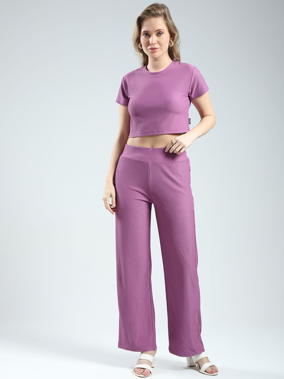 Rock.it Women Round Neck Solid Crop Top with Trouser Co-ored Set