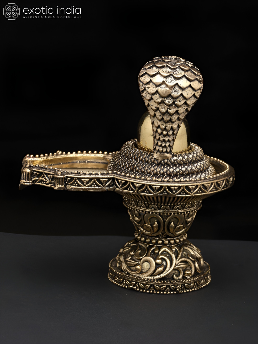 Exotic India Shivalinga with Protecting Naag Gold Brass Metallic Prayer Room Small Showpiece - 4.8 Inches