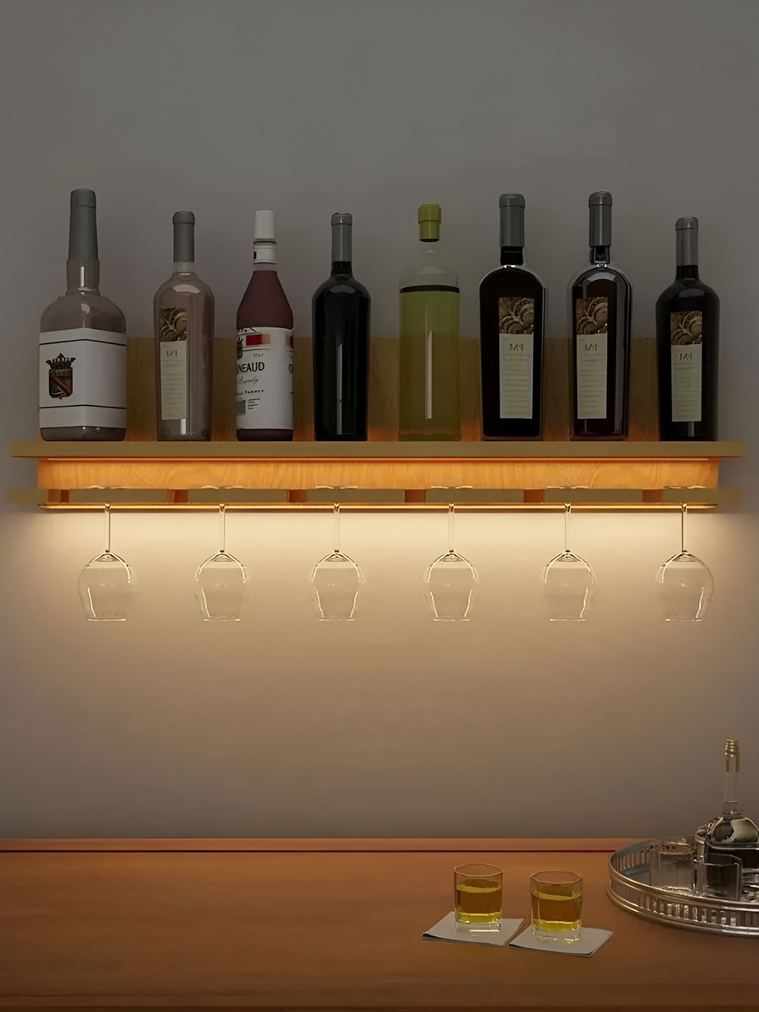 DEKORSTATION Beige Oak Finish Wood Bar Wall Shelf