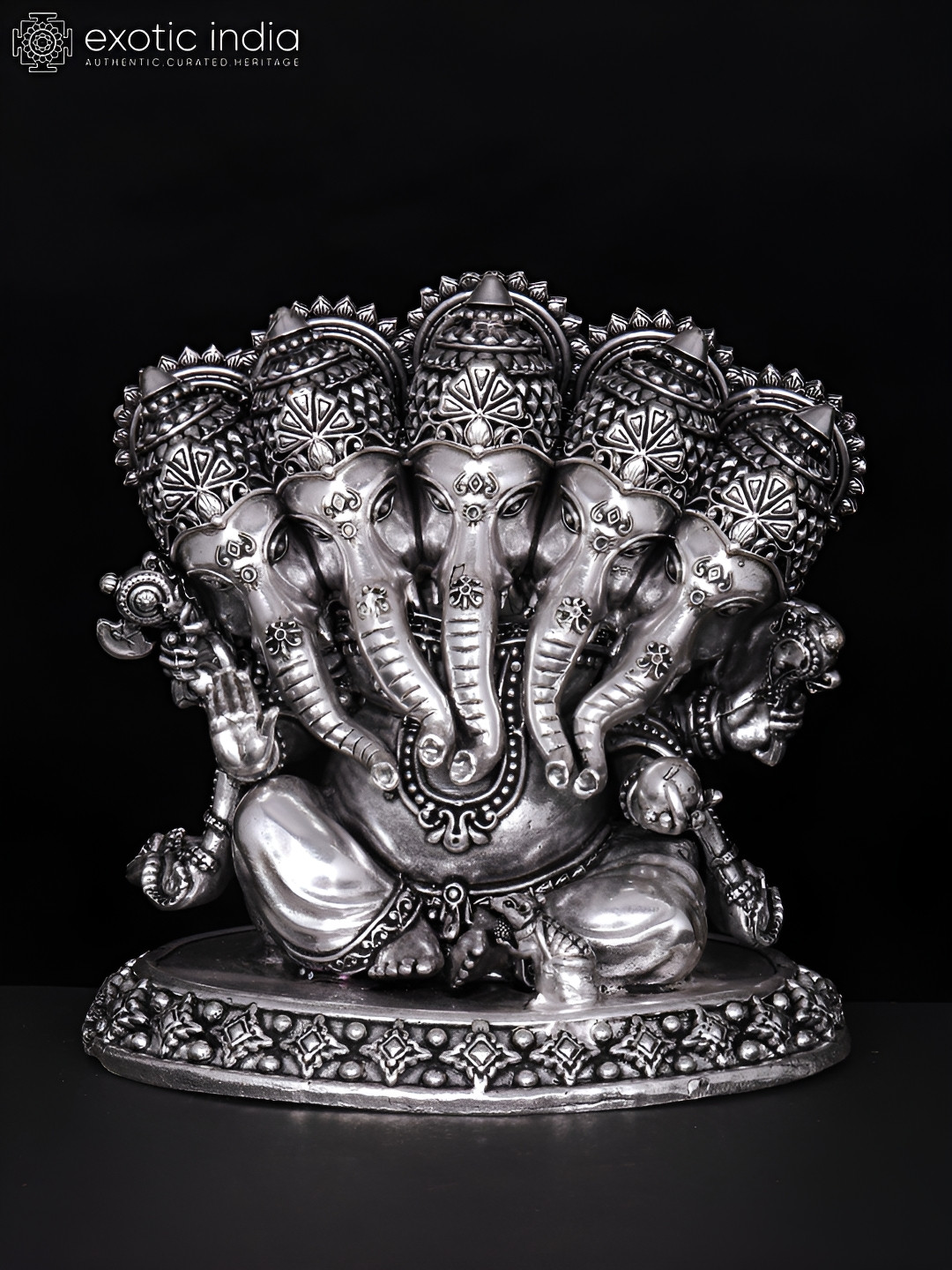 Exotic India Panchamukhi Ganesha Silver Brass Metallic Living Room Small Showpiece - 4.2 Inches