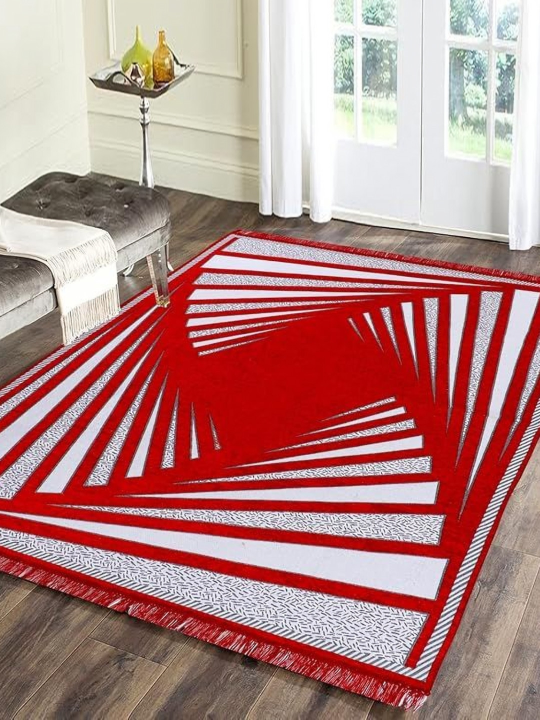 RADECOR Red & Grey Geometric Anti-Skid Chennille Carpet