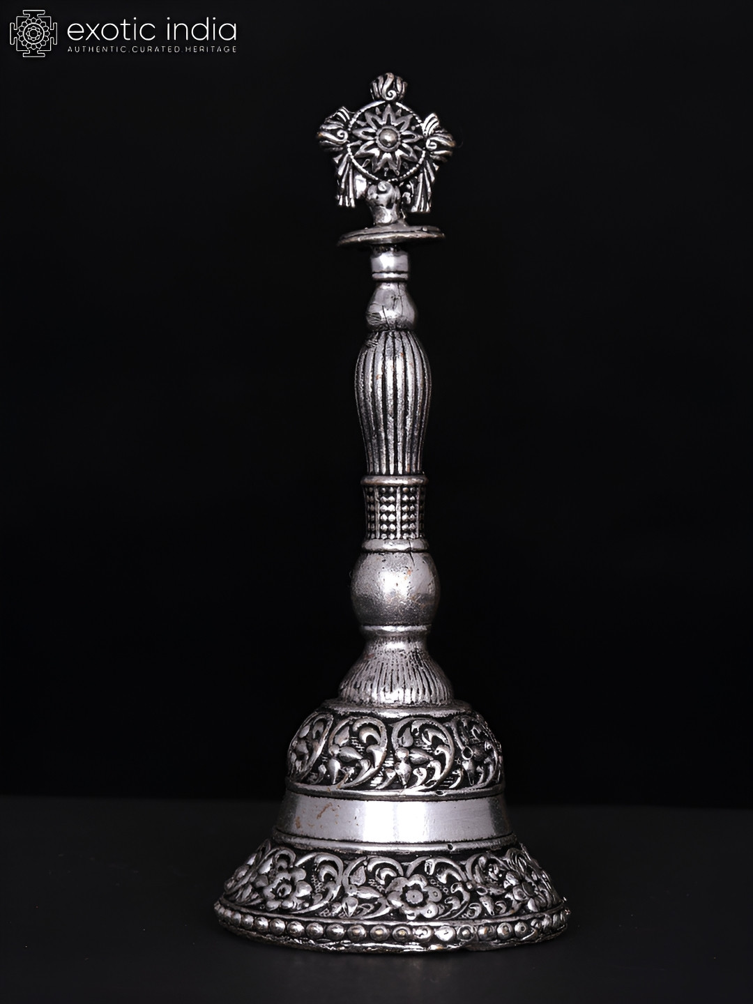 Exotic India Vaishnava Chakra Bell Silver Brass Metallic Living Room Small Showpiece - 5 Inches