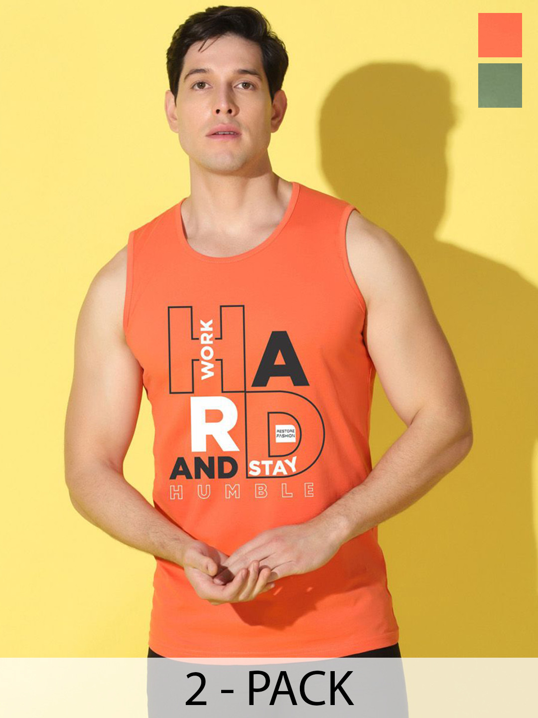 WOOSTRO 2-Pc Printed Combed Cotton Innerwear Vests VWS26(HARD ORANGE)(MORE LGTGREEN)
