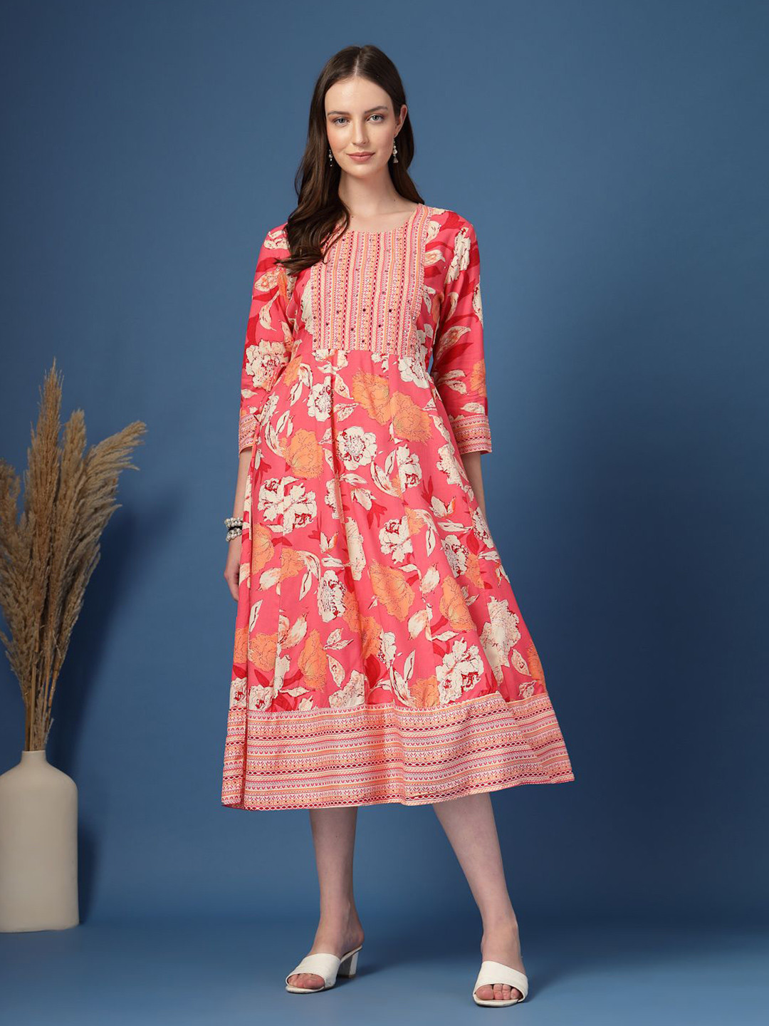 AHMI Floral Print Georgette Fit & Flare Midi Dress