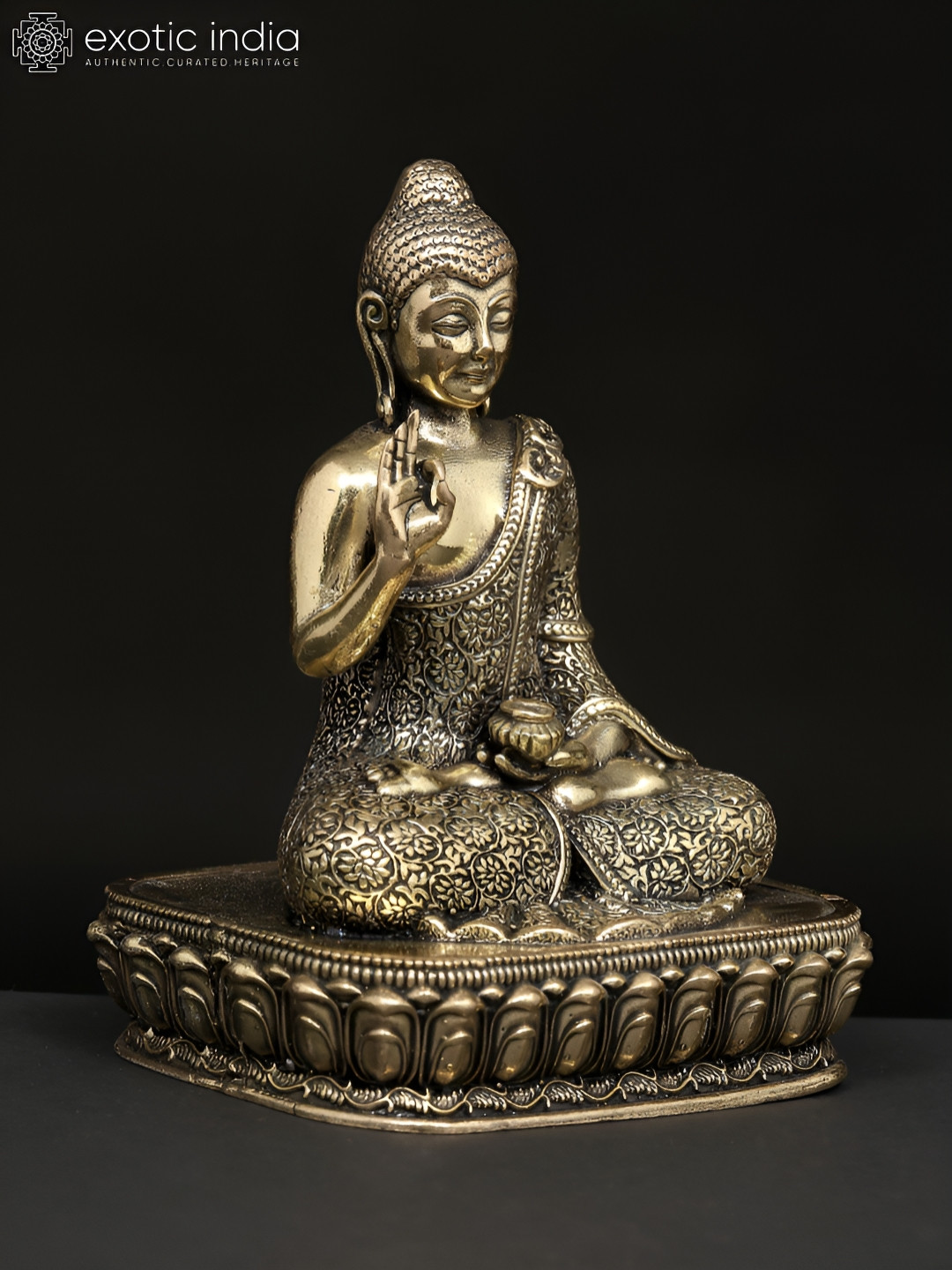 Exotic India Lord Buddha Seated in Vitark Mudra Gold Brass Metallic Living Room Small Showpiece - 4 Inches