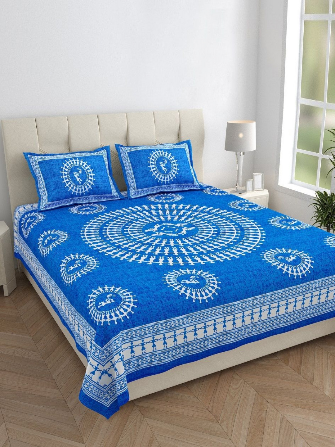 HOMELINE Blue Ethnic Motifs Cotton 144 TC King Bedsheet with 2 Pillow Covers-228.6 x 262.128 cm