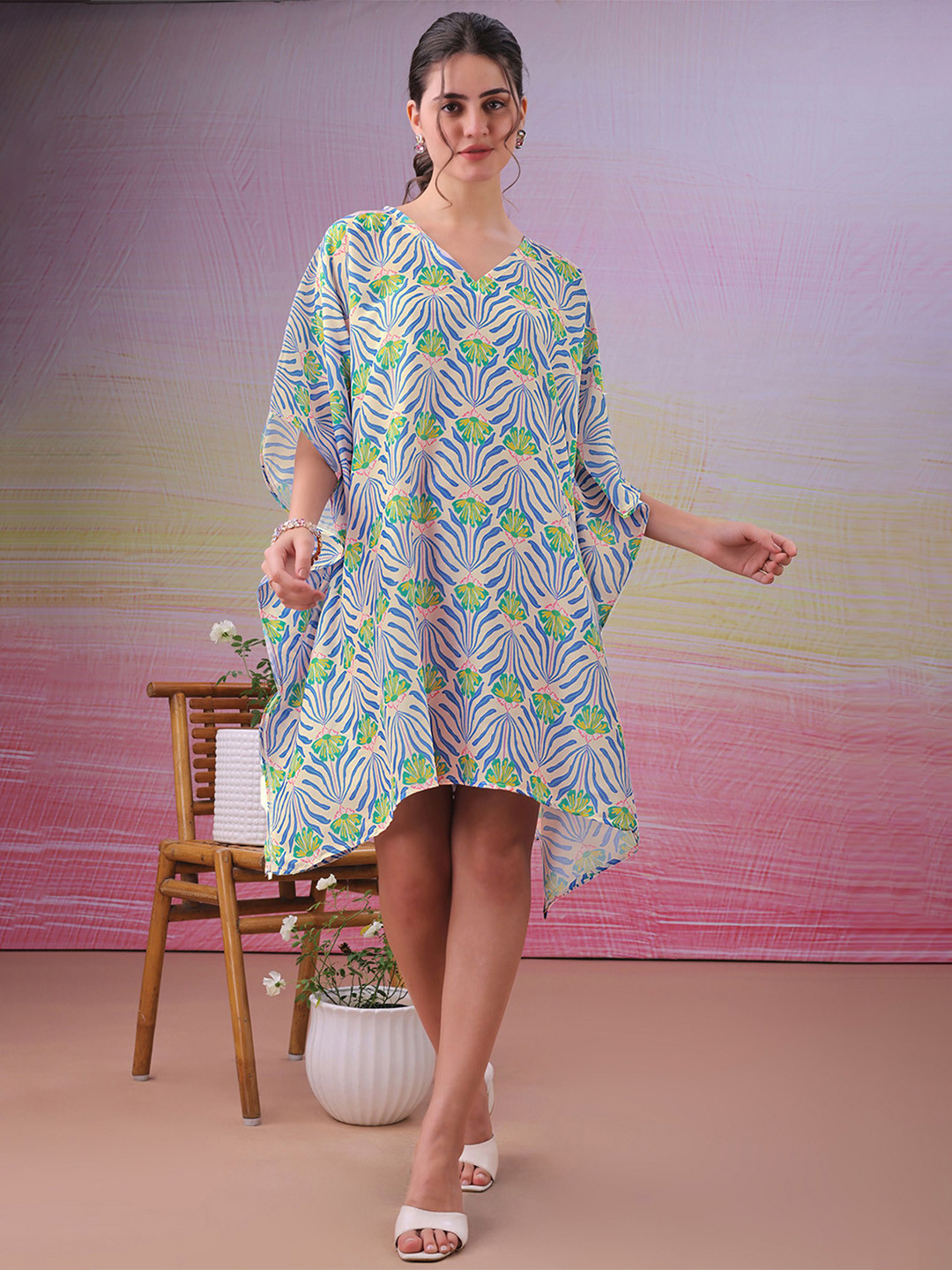 LABEL AARNA Lagoon Drift Muslin Cotton Short Kaftan Dress