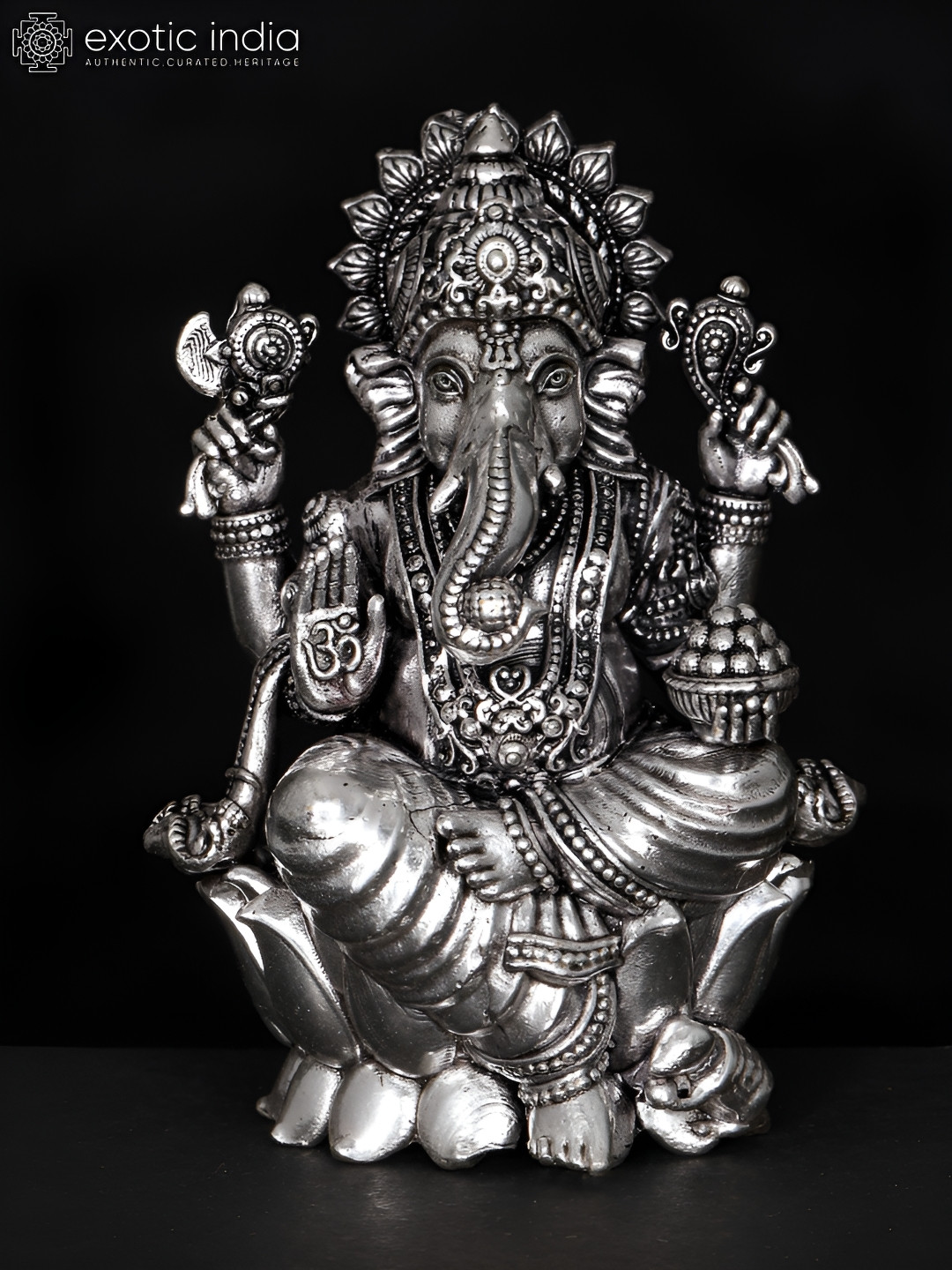Exotic India Ekadanta Ganesha Silver Brass Metallic Prayer Room Small Showpiece - 4 Inches