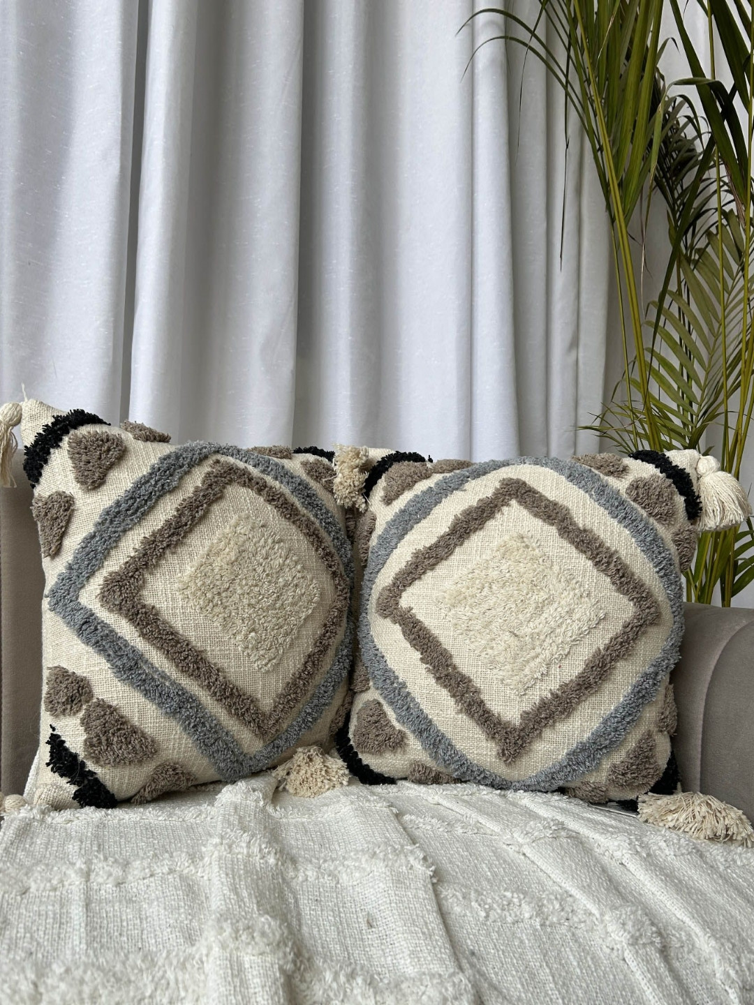 EXPORT HOUSE Ultra-Soft Off White Cotton 2 Pcs Embroidered Square Cushion Covers -16x16In