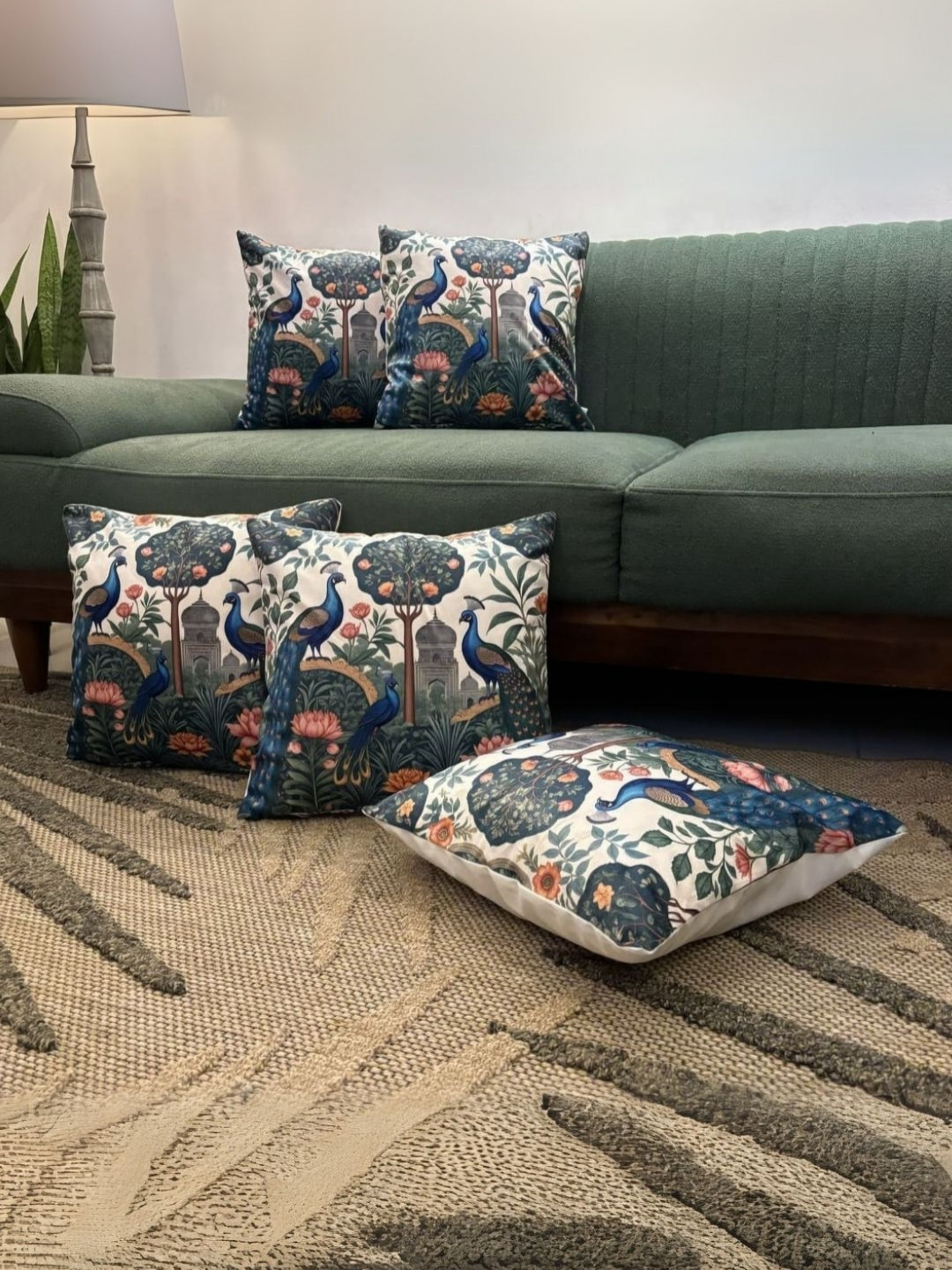 LUSHLYF Peacock Garden White Graphic Velvet Durable 5 Piece Square Cushion Covers -16x16In