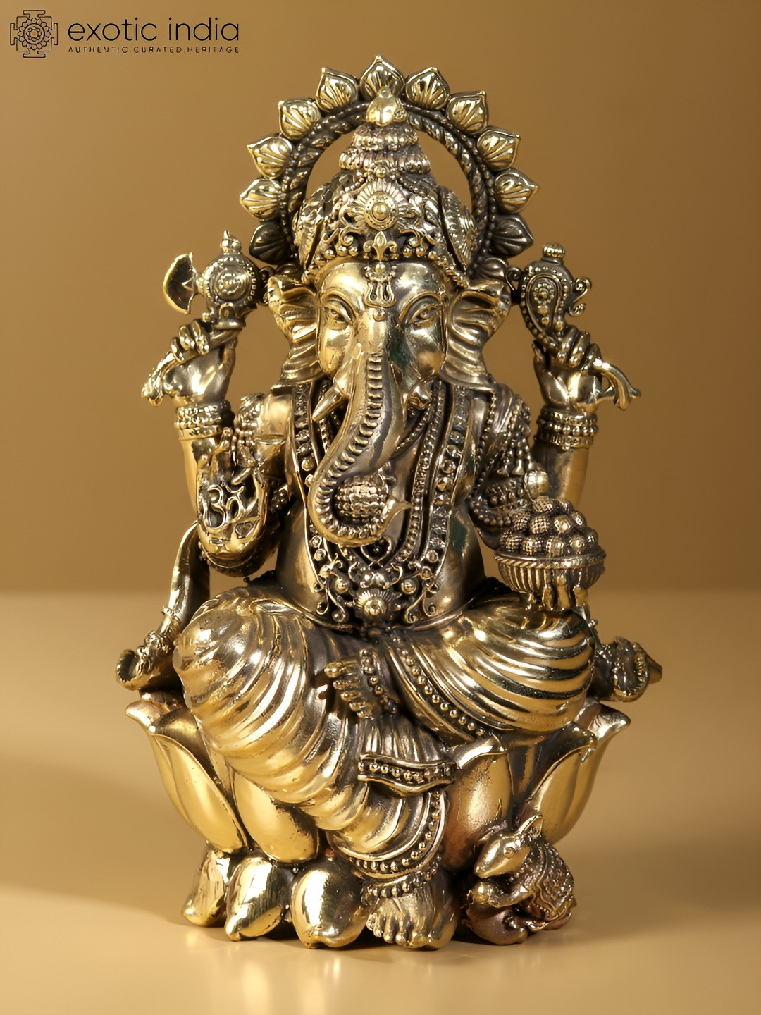 Exotic India Ekadanta Ganesha Gold Brass Metallic Prayer Room Tiny Showpiece - 3.5 Inches