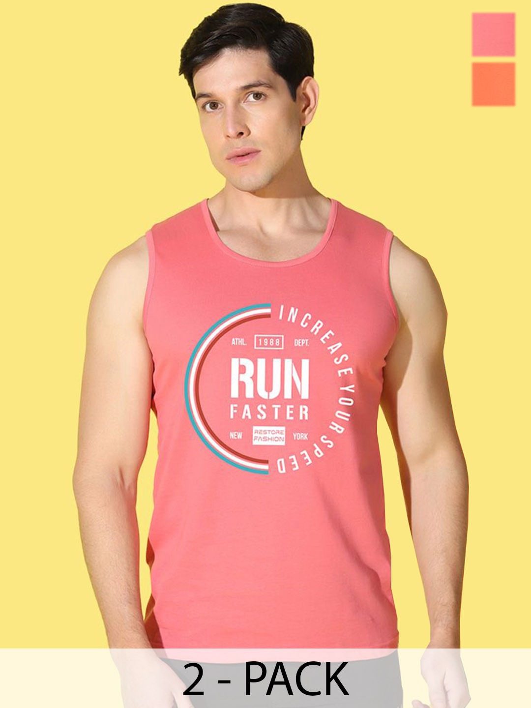 WOOSTRO Pack Of 2 Printed Combed Cotton Gym Vests -VWS26(BKLN ORANGE)(RUN PEACH)