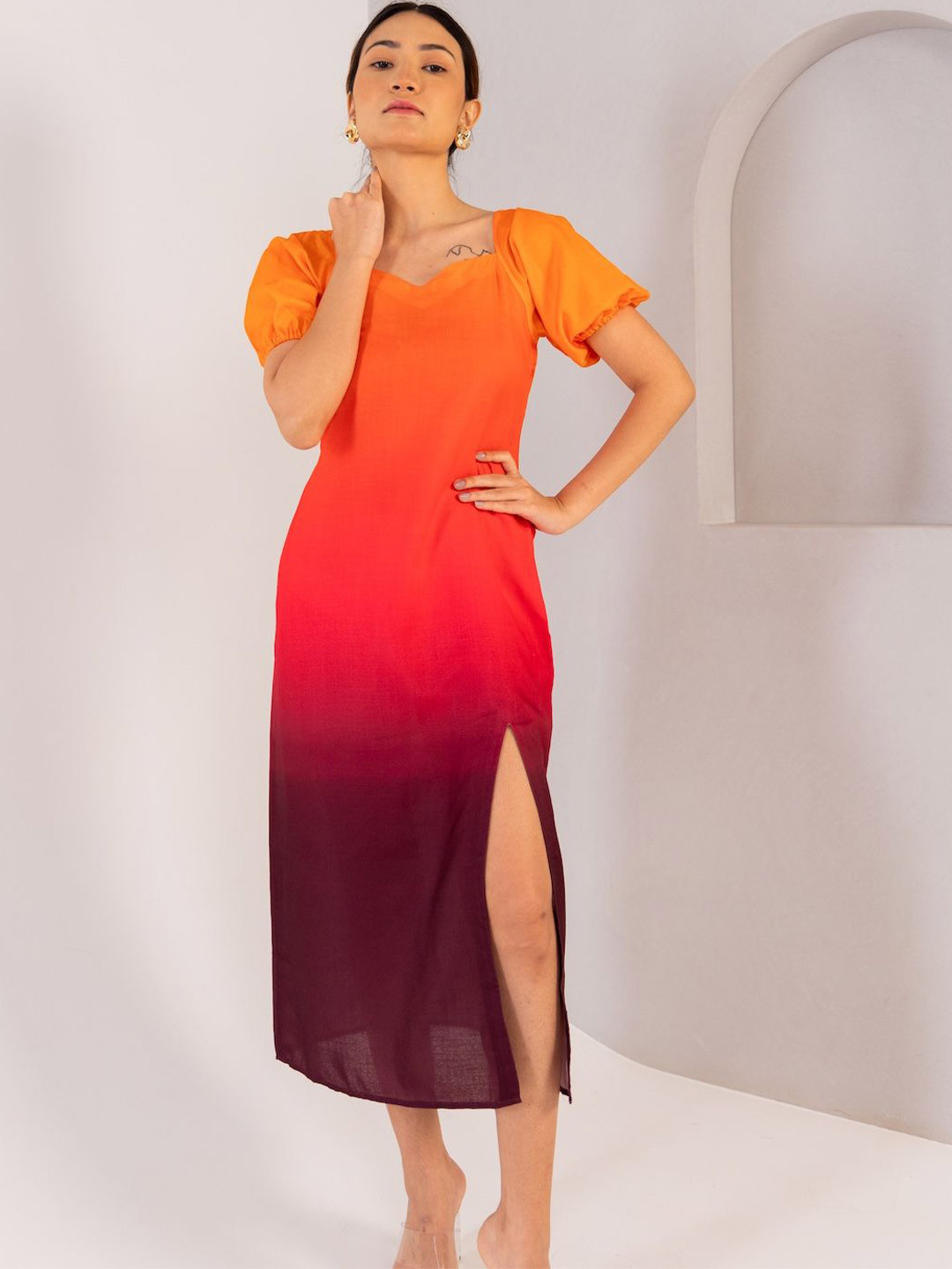 Medh Tie and Dye Puff Sleeve A-Line Midi Dress