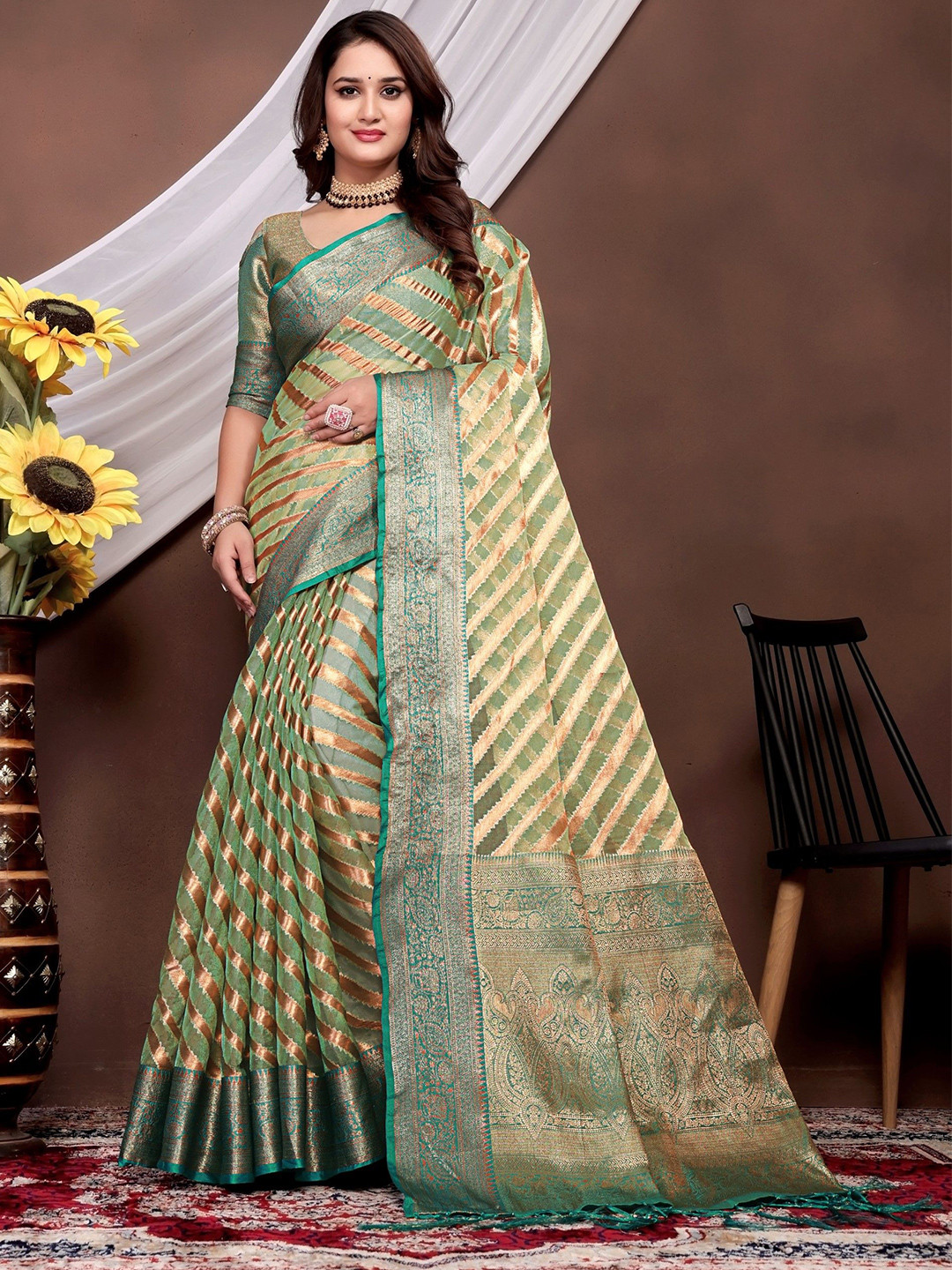Moksha Trends Woven Design Zari Organza Banarasi Saree