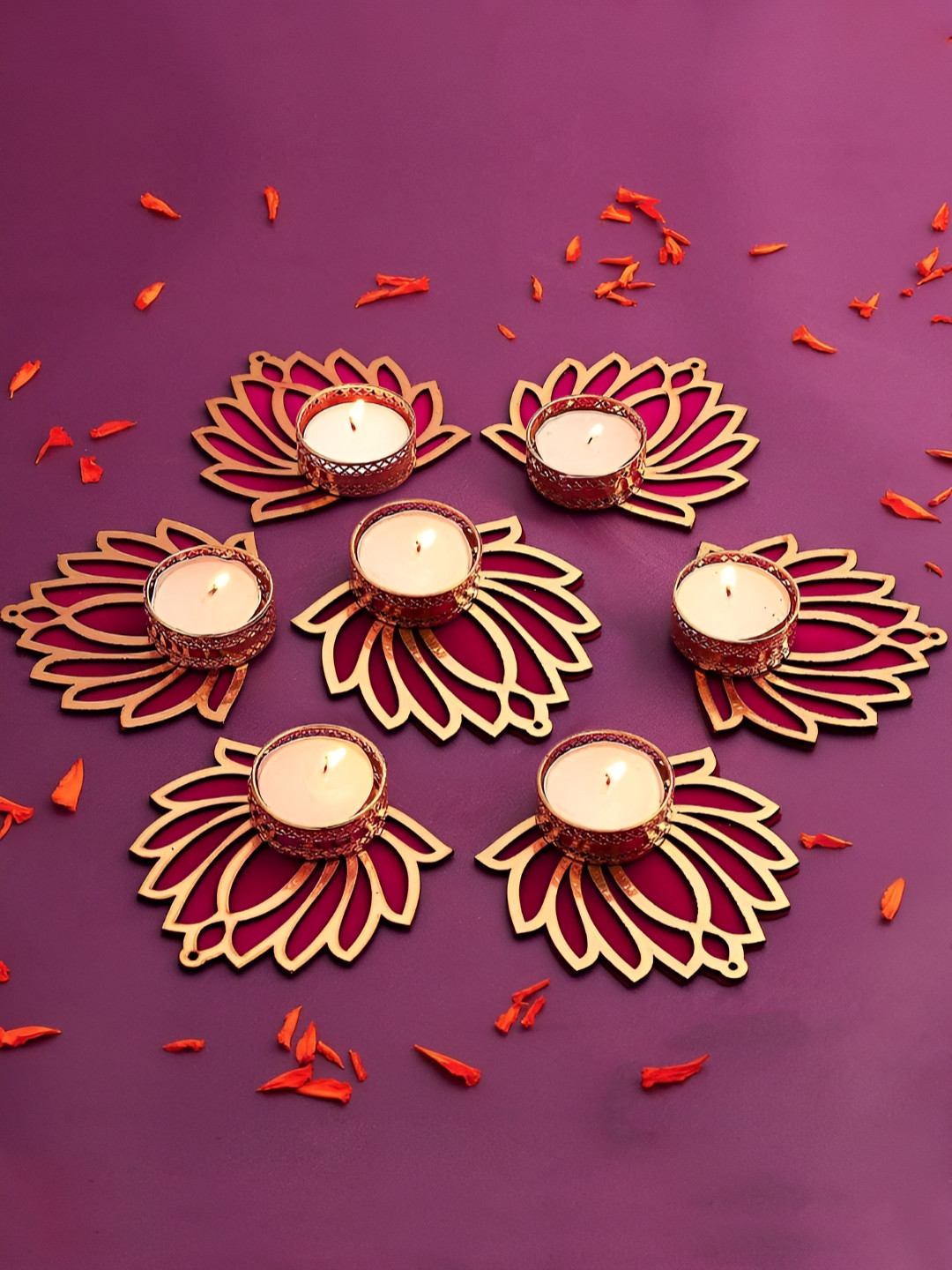 PUFFSMART Pink 7 Pieces Textured Lotus Decorative Tea Light Candle Holders