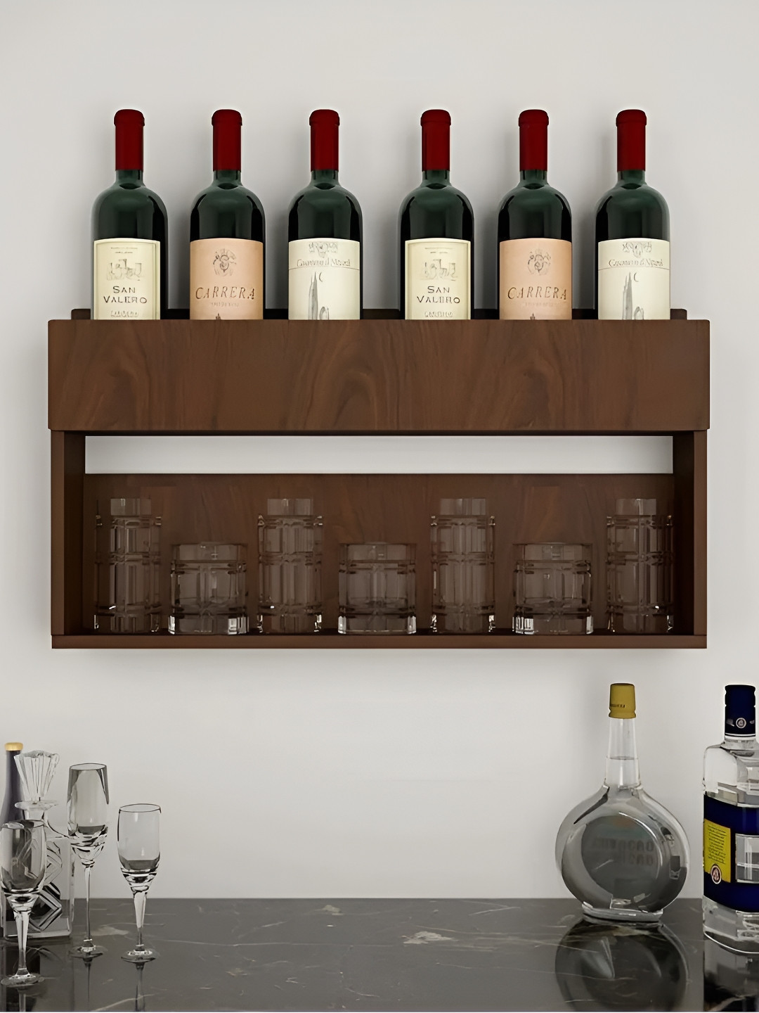 DEKORSTATION Brown Walnut Finish Wood Bar Wall Shelf