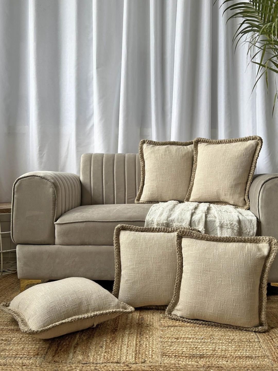 EXPORT HOUSE Cream-Coloured & Brown 5 Pieces Solid Square Cushion Covers