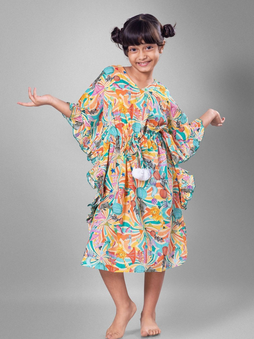 Tura Turi Floral Print Bell Sleeve Kaftan Midi Dress