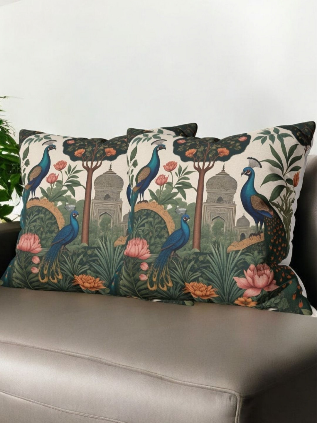 LUSHLYF Peacock Garden Ethnic Motifs Velvet Washable 2 Pcs Square Cushion Covers -16x16In