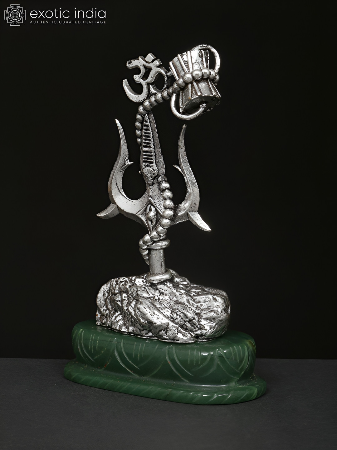 Exotic India Stylized Trishul on Green Aventurine Silver Brass Metallic Prayer Room Small Showpiece - 5 Inches