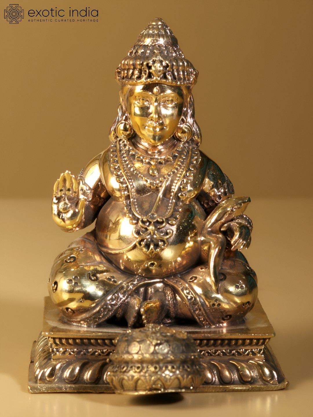 Exotic India Blessing Lord Kubera Gold Brass Metallic Prayer Room Small Showpiece - 4 Inches