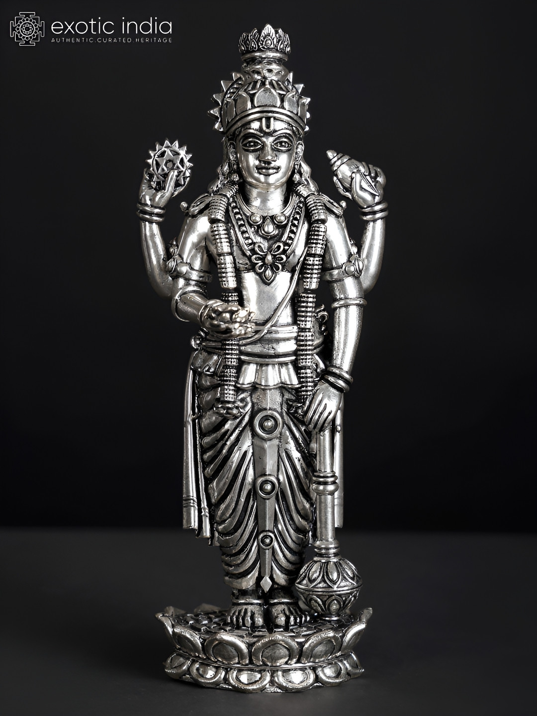 Exotic India Four-Armed Lord Vishnu Standing on Lotus Silver Brass Metallic Prayer Room Small Showpiece - 6 Inches