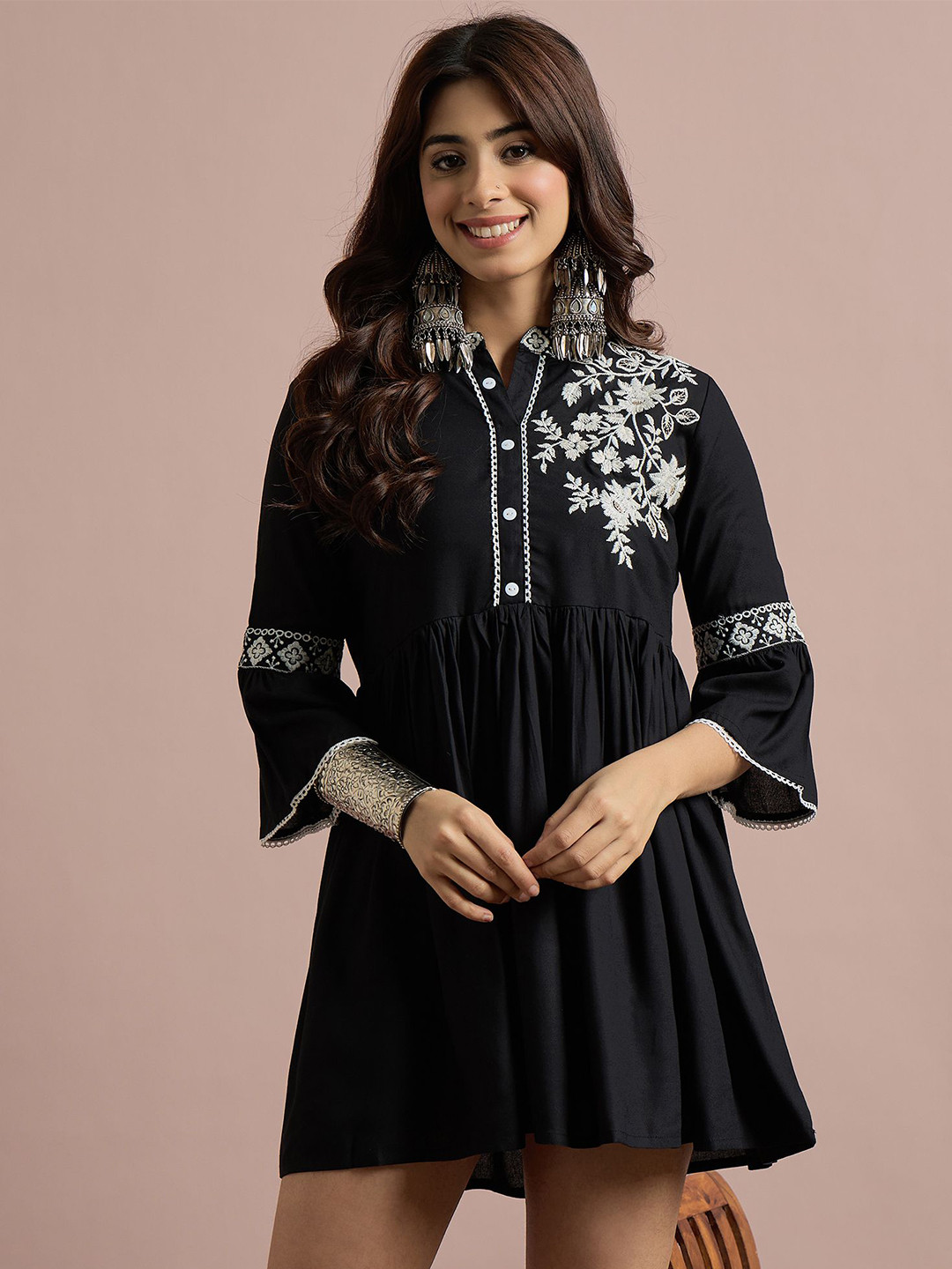 SAHASIKA Embroidered Bell Sleeve A-Line Mini Dress