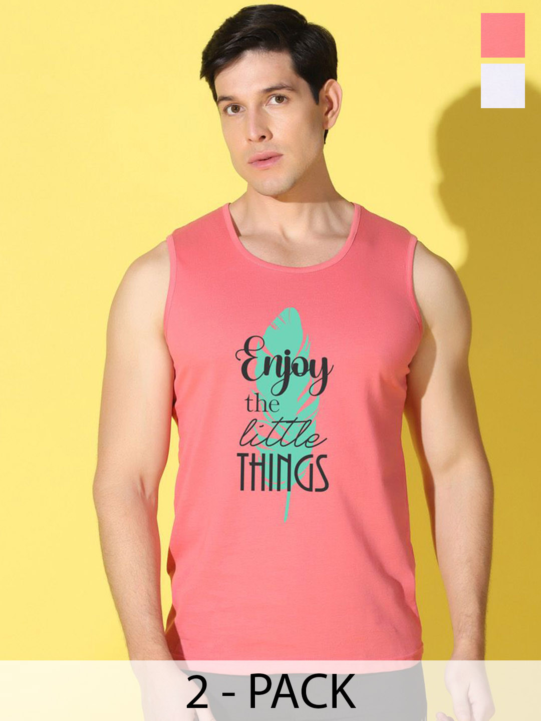 WOOSTRO 2-Pc Printed Combed Cotton Innerwear Vests VWS26(ENJOY PEACH)(RUN WHITE)
