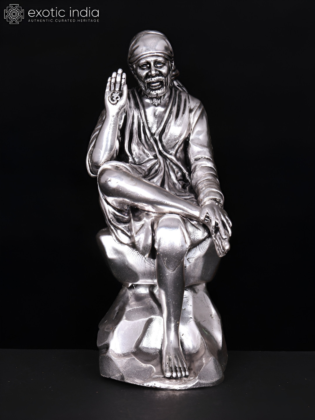 Exotic India Blessing Sai Baba Silver Brass Metallic Prayer Room Small Showpiece - 2.5 Inches