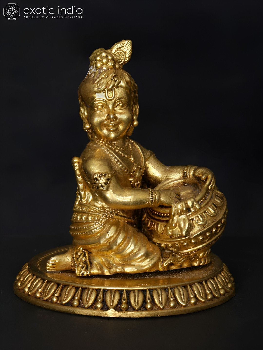 Exotic India Butter Krishna Gold Brass Metallic Living Room Small Showpiece - 4 Inches
