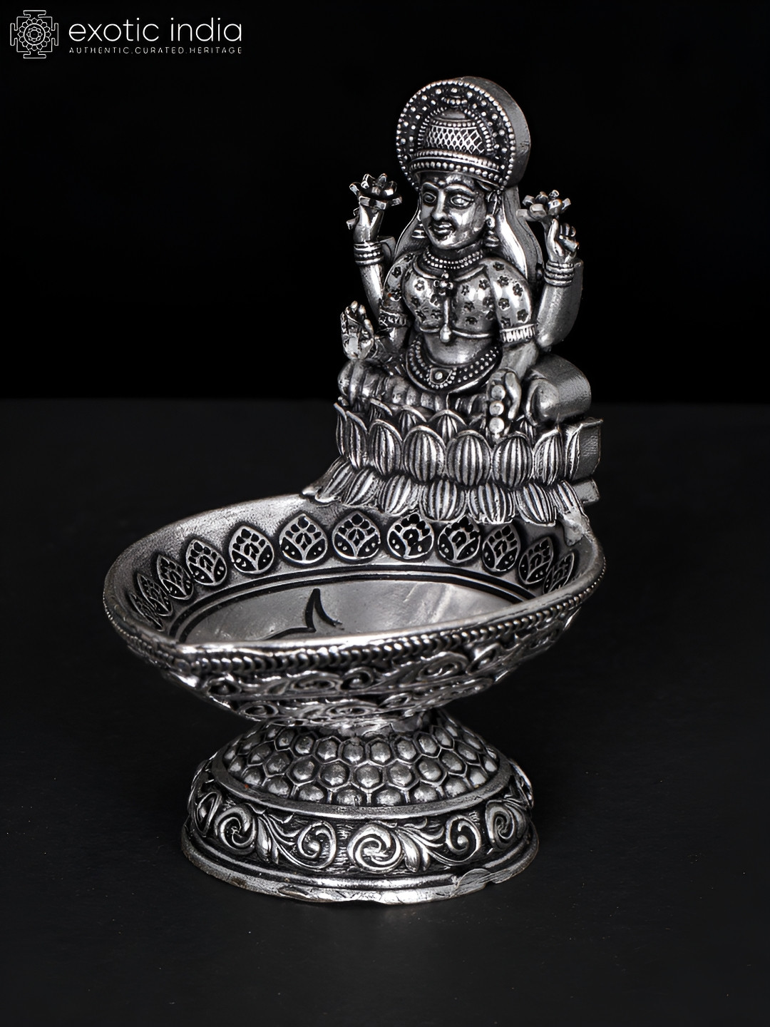 Exotic India Goddess Lakshmi Diya Silver Brass Metallic Living Room Small Showpiece - 3.7 Inches