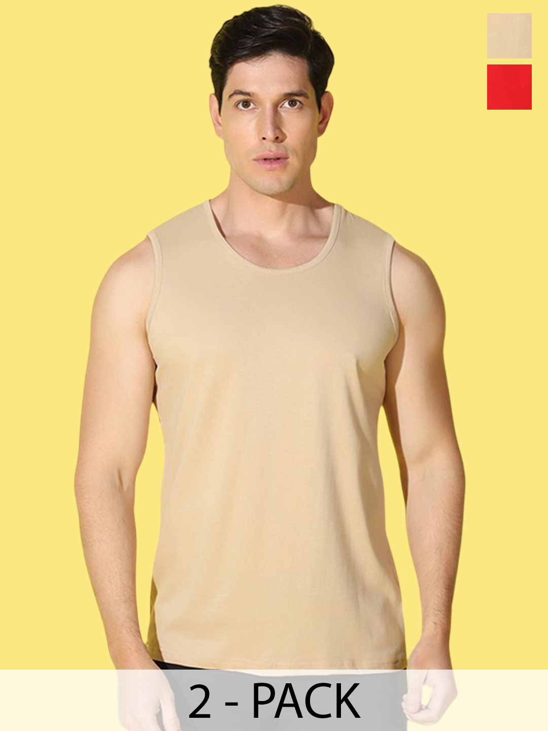 WOOSTRO Pack Of 2 Printed Combo Cotton Scoop Neck Gym Vests VWS26(ENJOY RED)(PLAIN RUST)