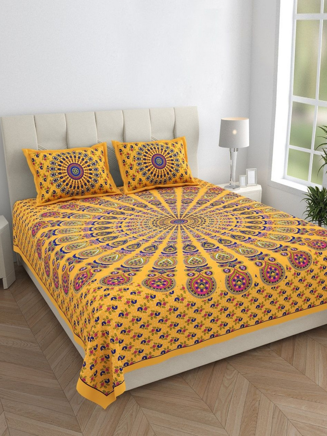 HOMELINE Jaipuri Yellow Ethnic Motifs Cotton 144 TC King Superfine Bedsheet with 2 Pillow Covers-90 x 103 inches