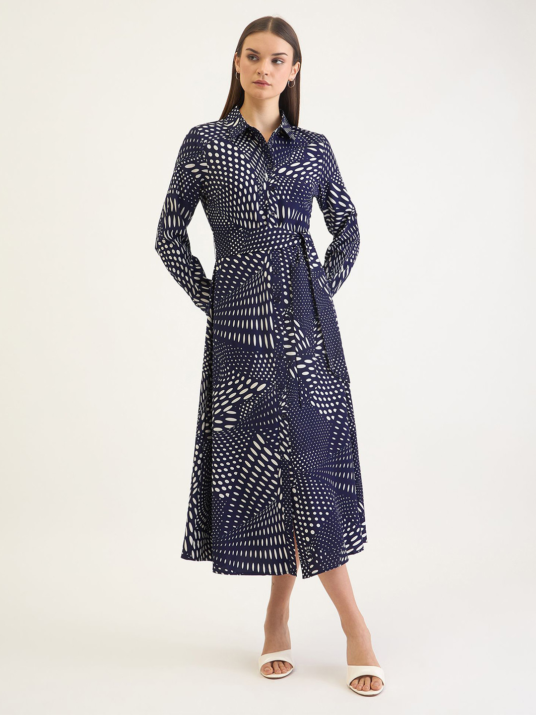 ELLE Spread Collar Abstract All Over Print Shirt Dress