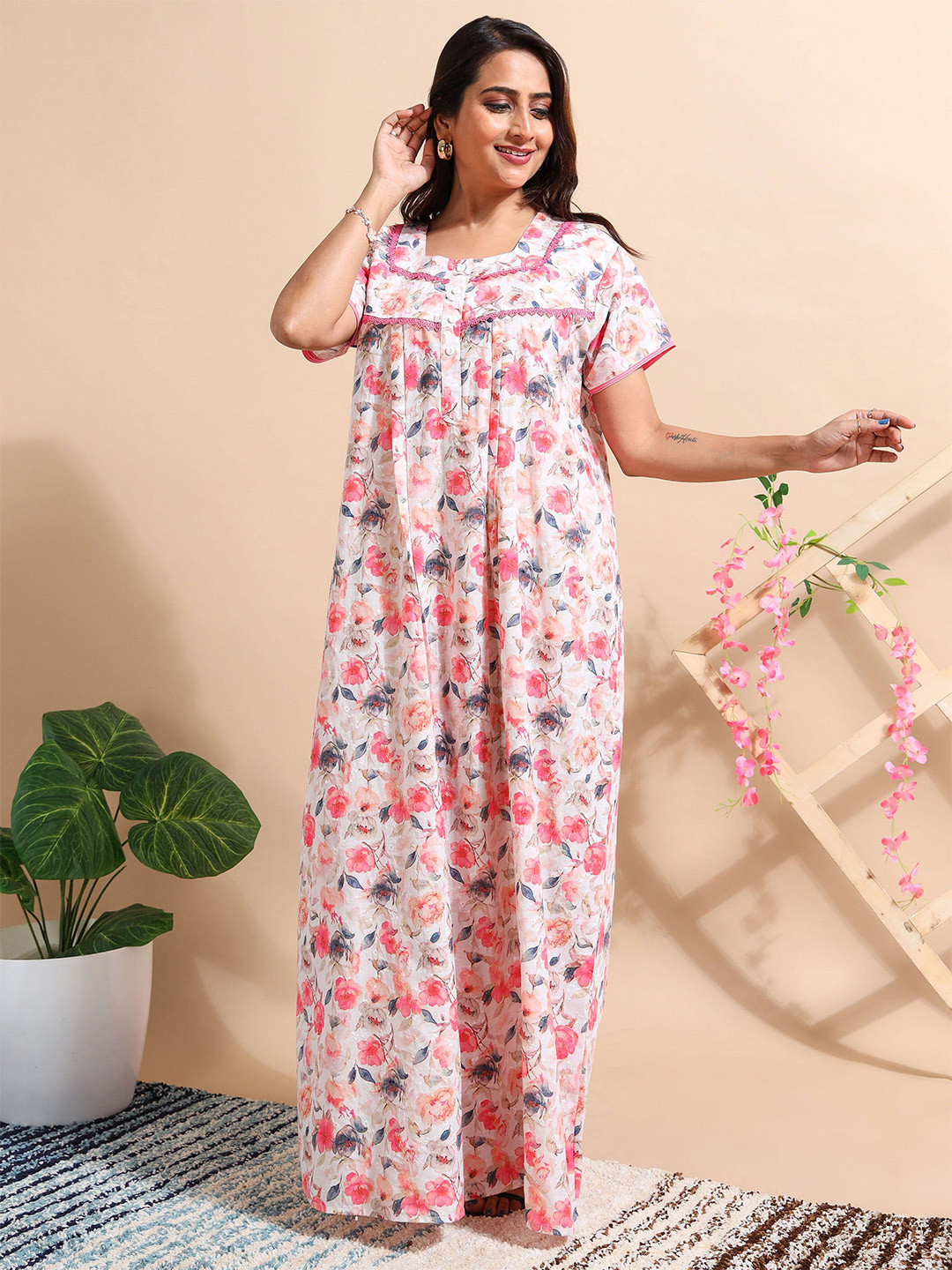 9shines Label Cotton Chikankari Red Floral Nightdress with Lace and Pocket