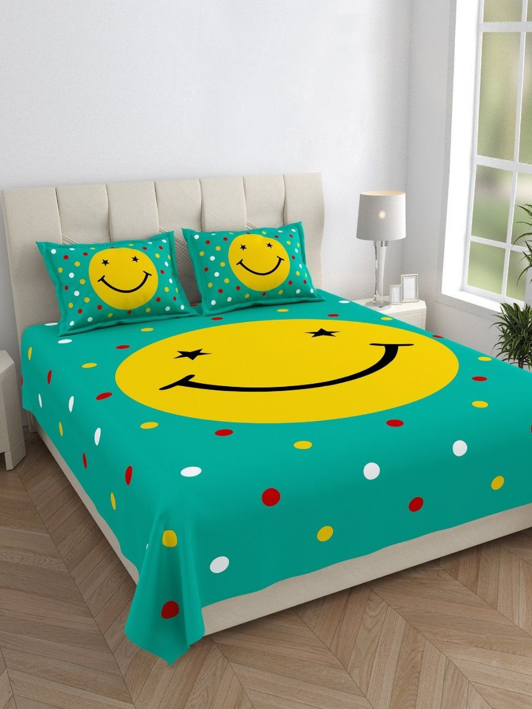 HOMELINE Smily Green Graphic Cotton 144 TC King Bedsheet with 2 Pillow Covers-90 x 103 inches
