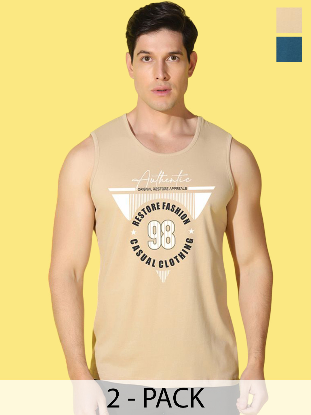 WOOSTRO 2-Pc Printed Odour-Free Cotton Innerwear Vests VWS26(HARD PEACOCK)(98 RUST)