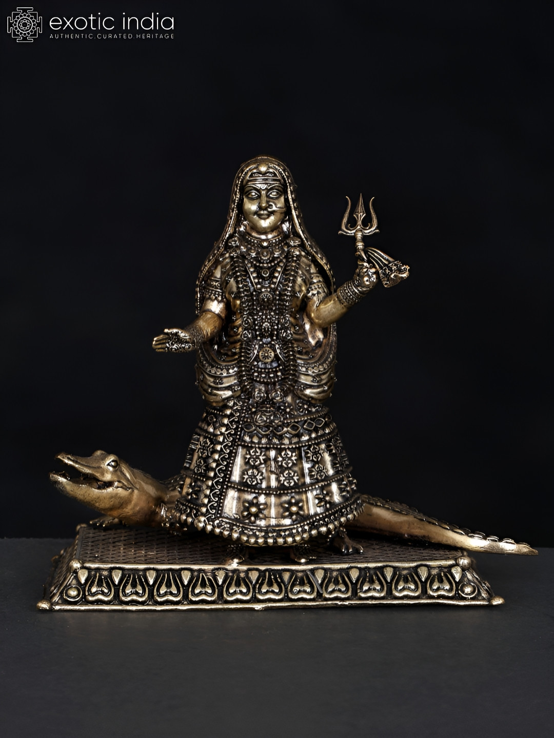 Exotic India Goddess Ganga with Her Vahana Makar Gold Brass Metallic Prayer Room Small Showpiece - 4 Inches