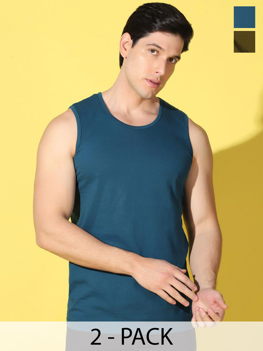 WOOSTRO 2-Pc Printed Odour-Free Cotton Innerwear Vests VWS26(PLAIN PEACOCK)(ALONE OLIVE)