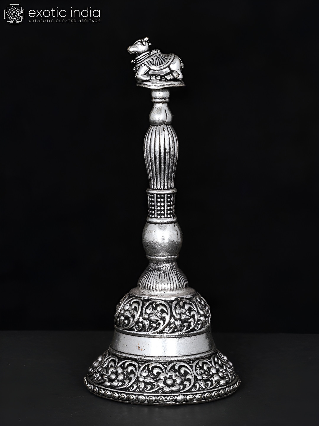 Exotic India Nandi Bell Silver Brass Metallic Living Room Tiny Showpiece - 3.8 Inches